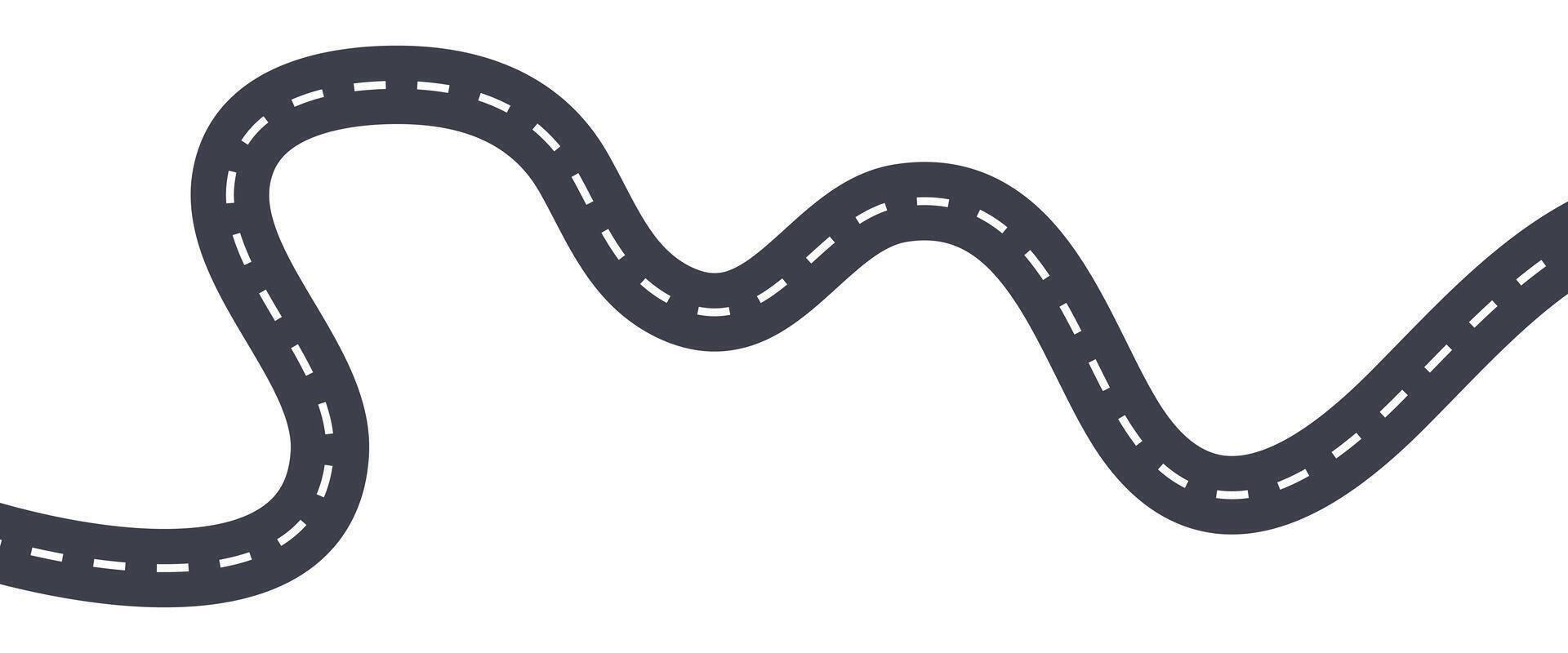Winding road illustration, curved highway icon, black and white road graphic, abstract transportation route, dashed line path, asphalt driving symbol, infographic element vector