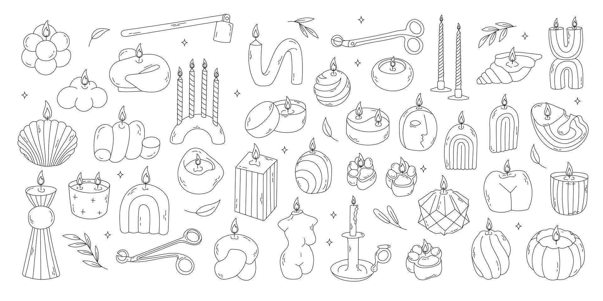 Hand drawn doodle candles set . Outline aroma collection. Burning aroma candles, Various Candles. Pillar, square and container candle. Decorative wax spice candles for relax and spa. vector