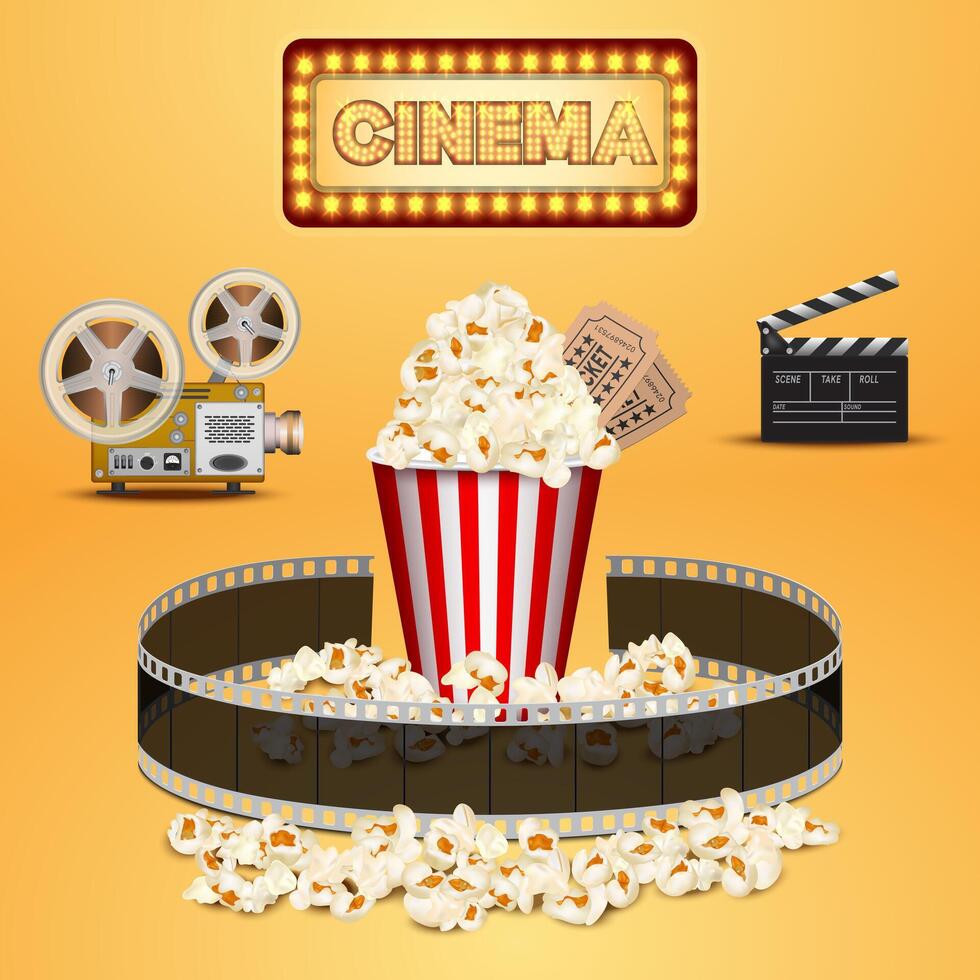 Realistic popcorn on yellow background, popcorn concept in cinema and entertainment in cinema. 3D popcorn for Poster design, advertisement, web banner, billboard and etc. vector
