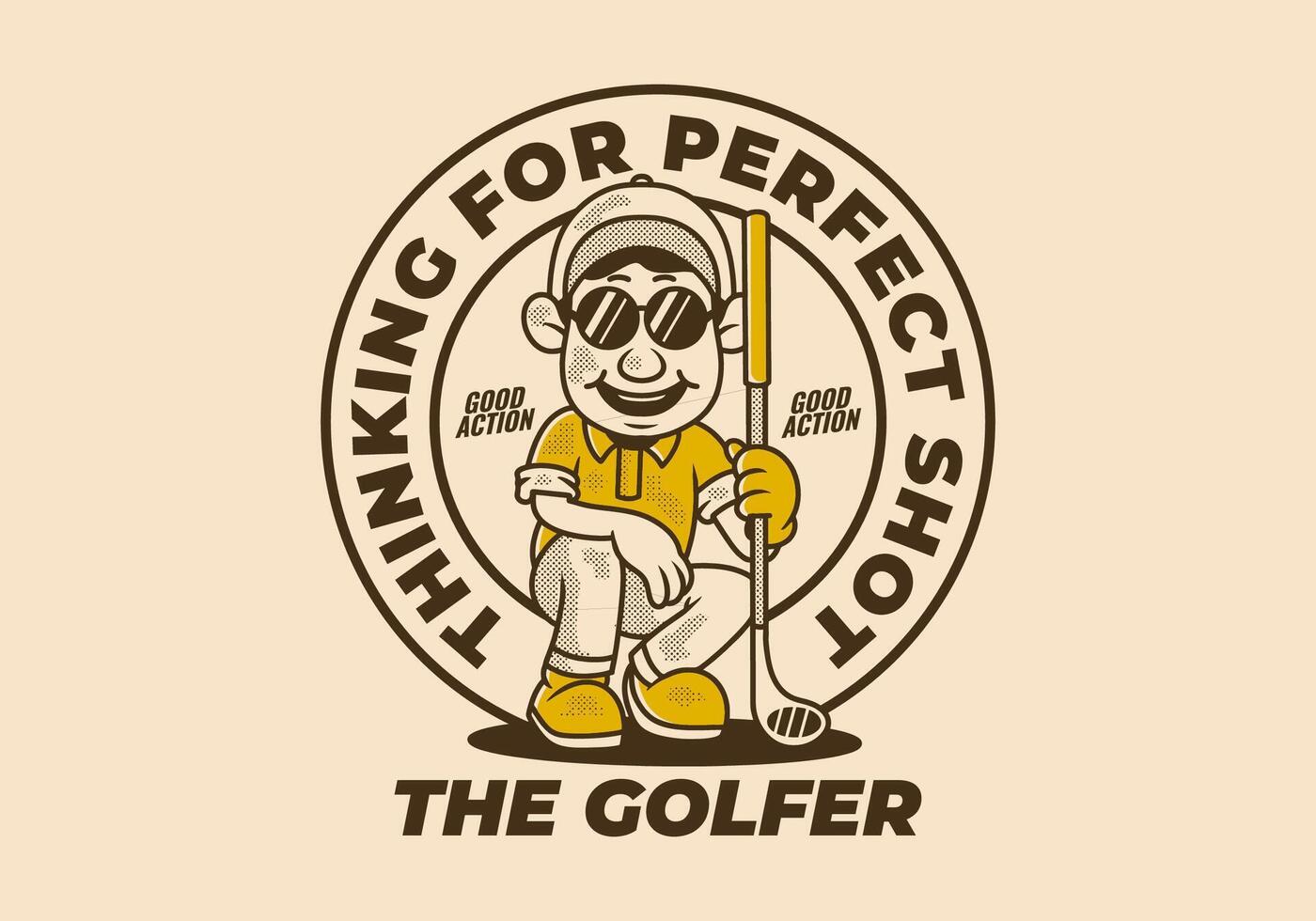 The golfer, waiting for perfect shot. Circle Retro character of golfer man holding a golf stick vector