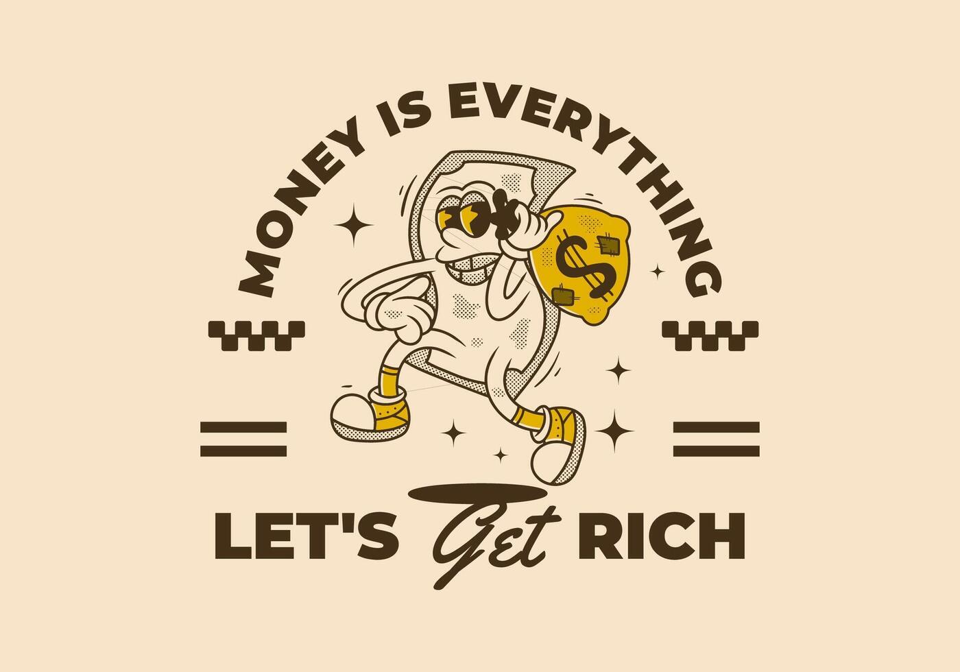 Let's get rich. Money mascot character holding a money bag, vintage retro illustration design vector