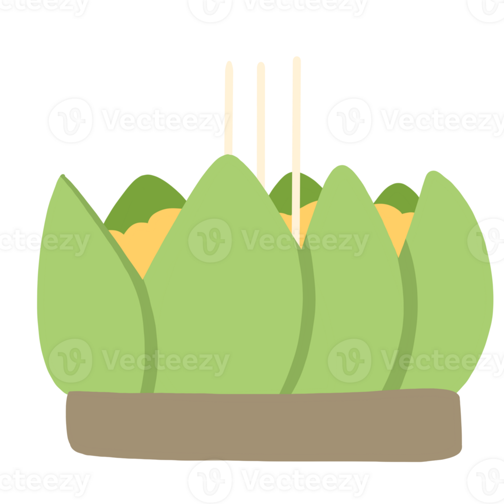 Green krathong with yellow flowers and incense sticks png