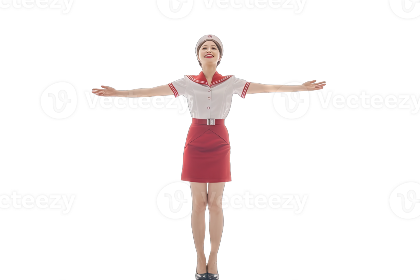 A woman in a red skirt and white shirt is standing with her arms outstretched png