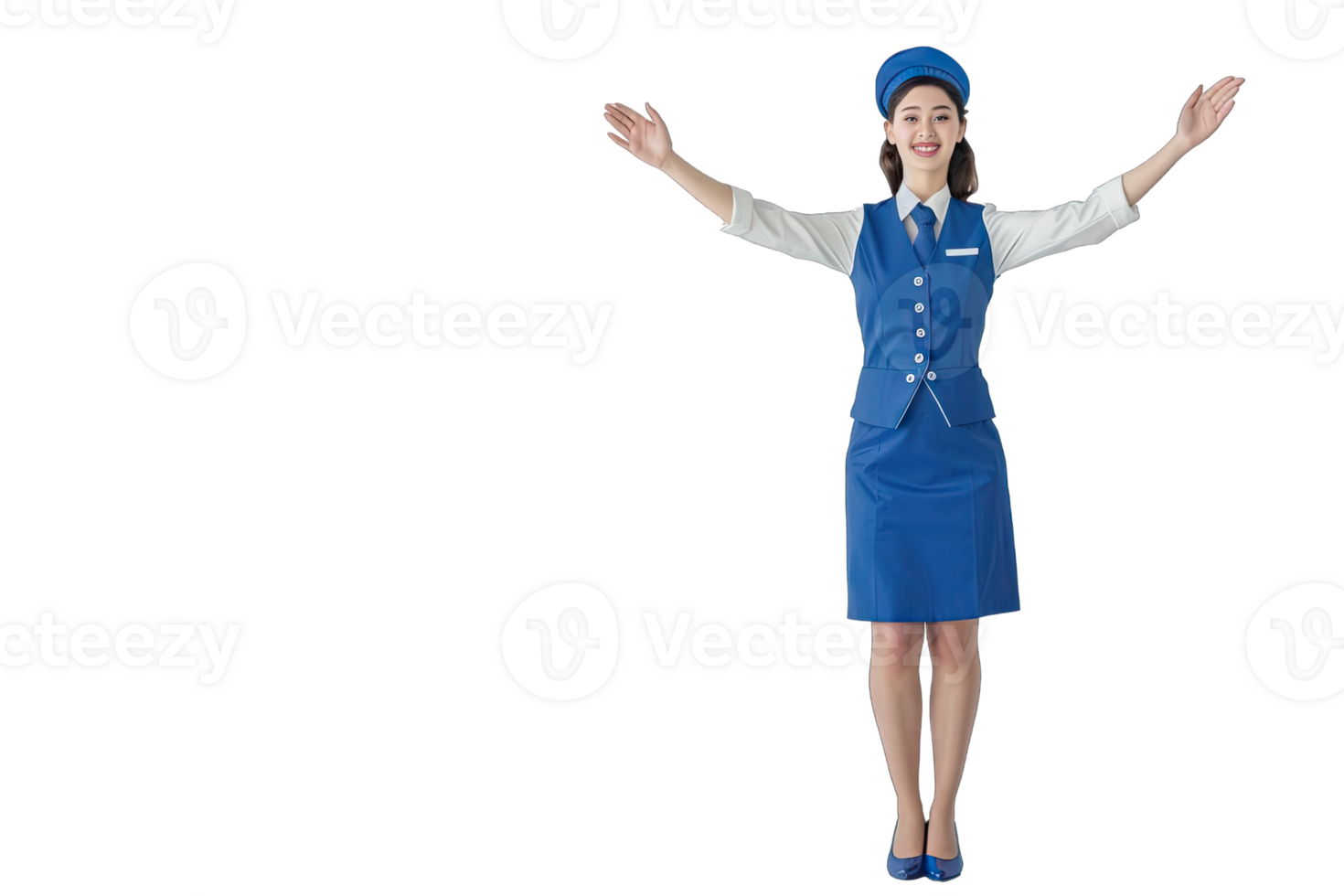 A woman in a blue uniform is standing with her arms outstretched png
