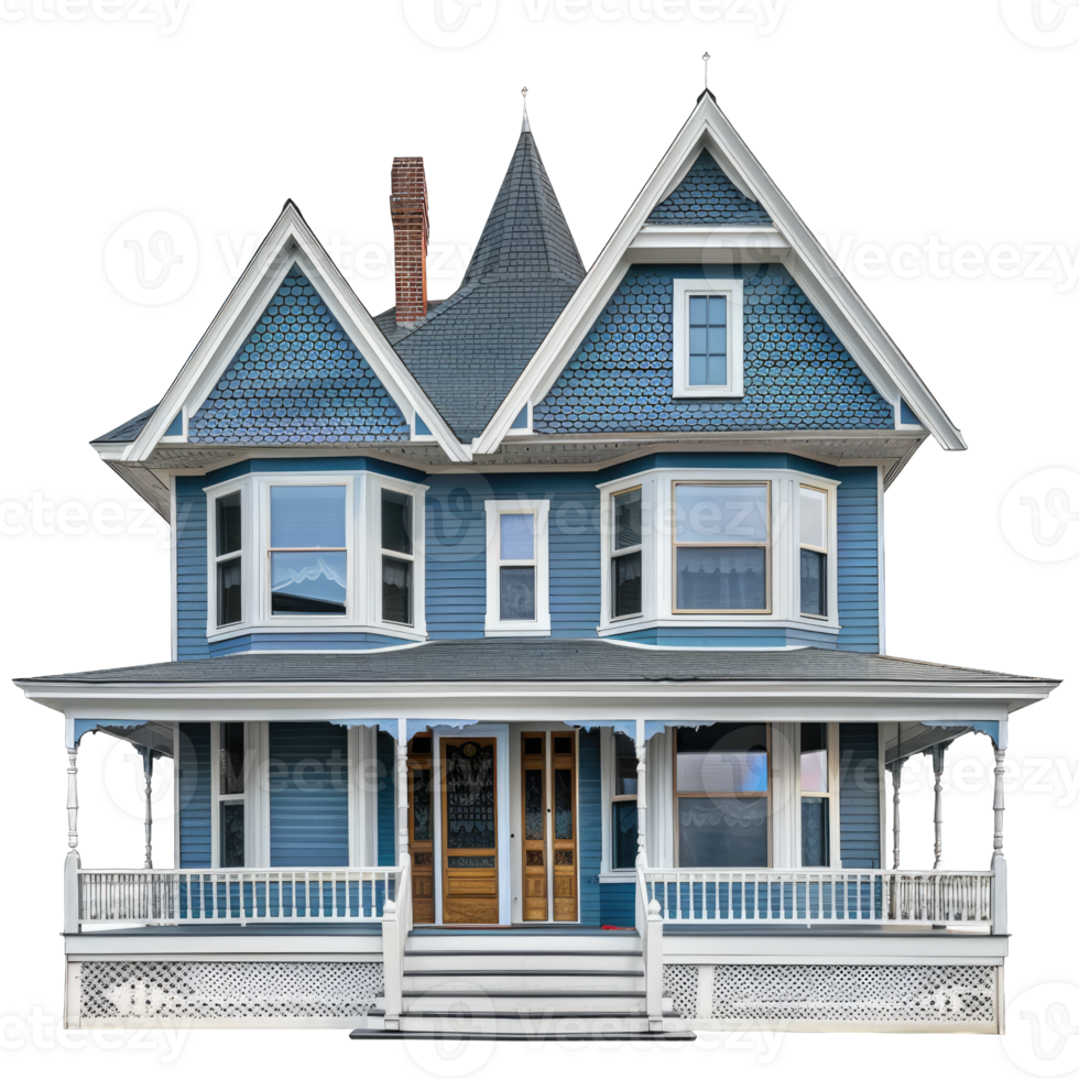 A blue victorian house with white trim png
