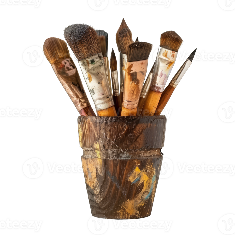 A wooden pot with several brushes in it png