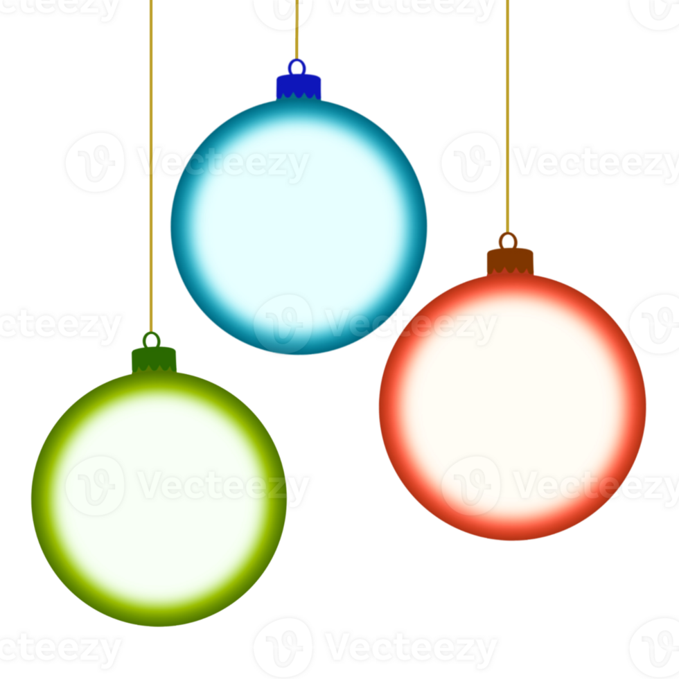 Three colorful Christmas baubles hanging on strings png