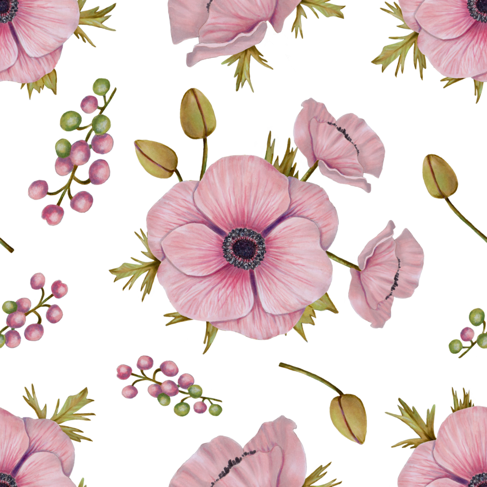 Seamless pattern with pink anemone flowers, petals and berries. Illustration with watercolor and marker. Botanical background for fabric, wrapping paper, textile, wallpaper. Hand drawn isolated art png