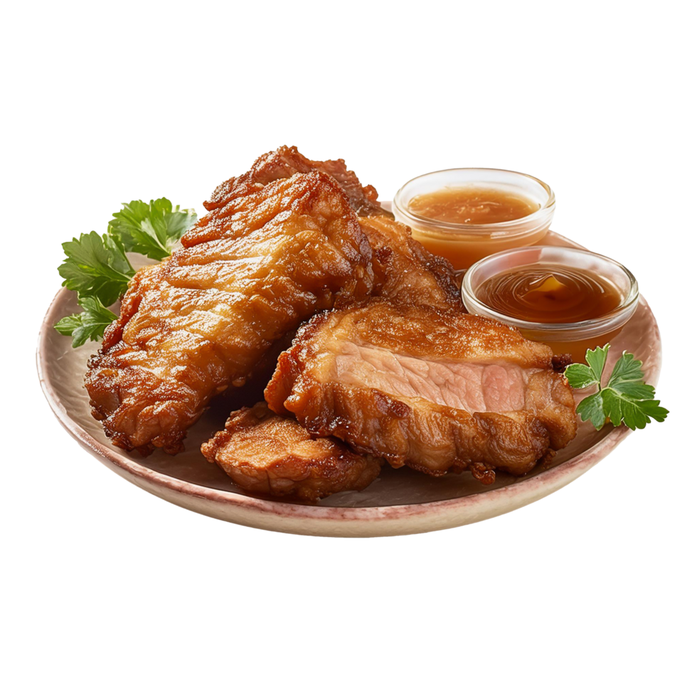 Pork Fried with sauce and garnish on a plate png