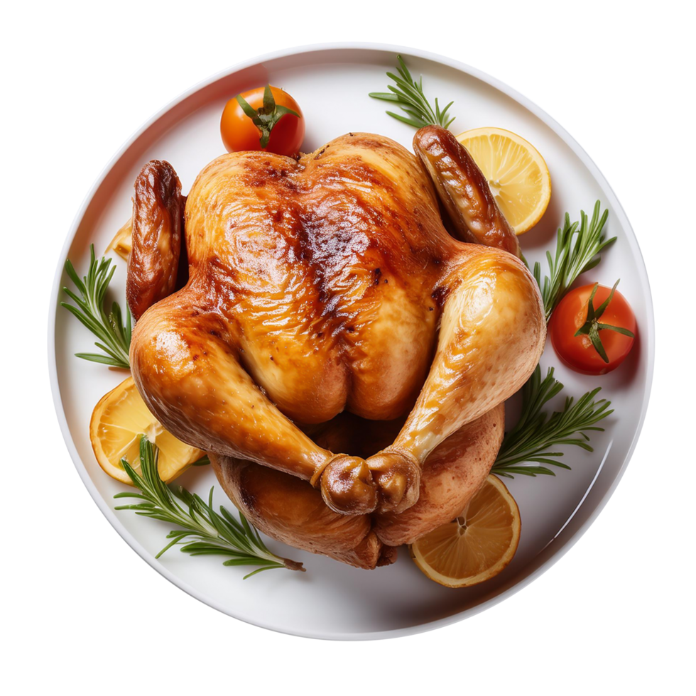 A roasted Tandoori chicken on a plate with transparent background png