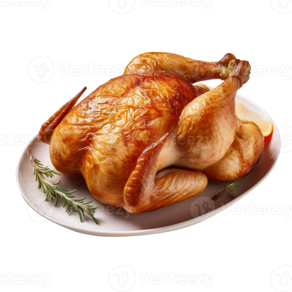 A chicken on a plate with rosemary and spices png