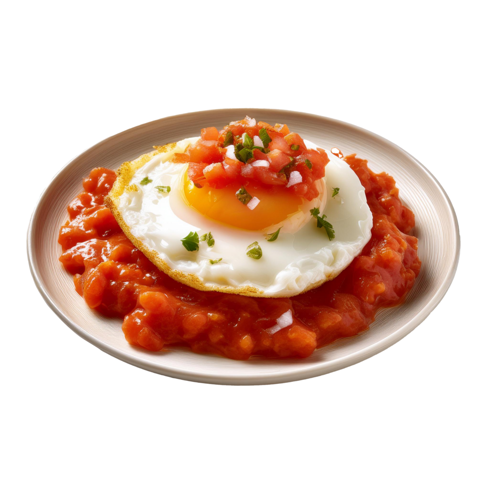 A plate with an egg on top of tomato sauce png