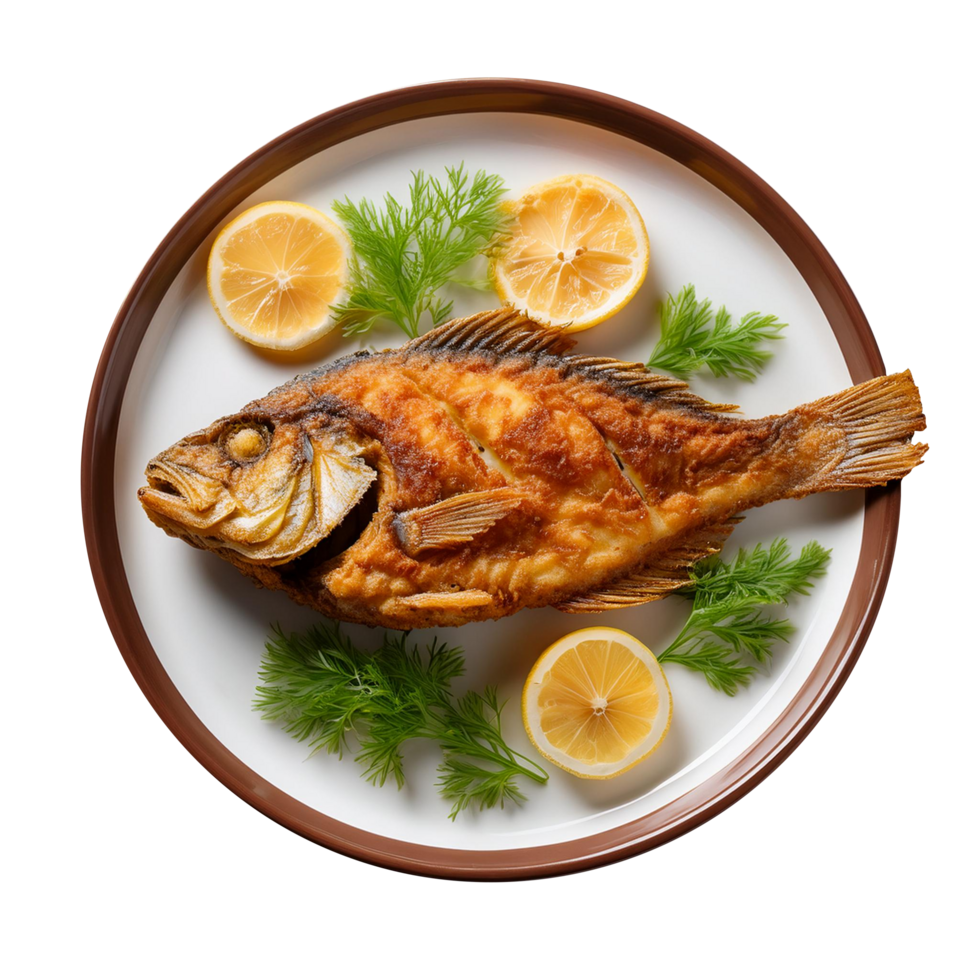 Grilled fish with lemon slices and dill on a plate png