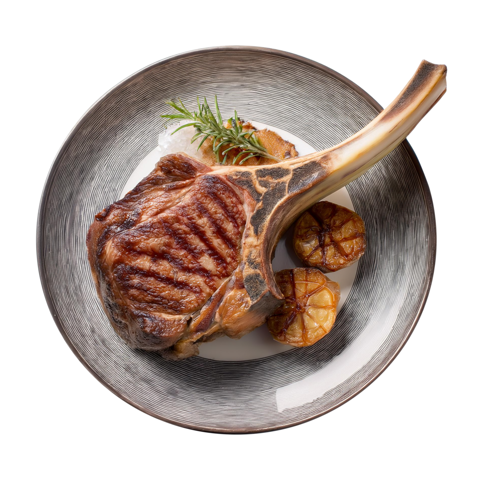 A prime rib tomahawk steak on a plate with potatoes and herbs png