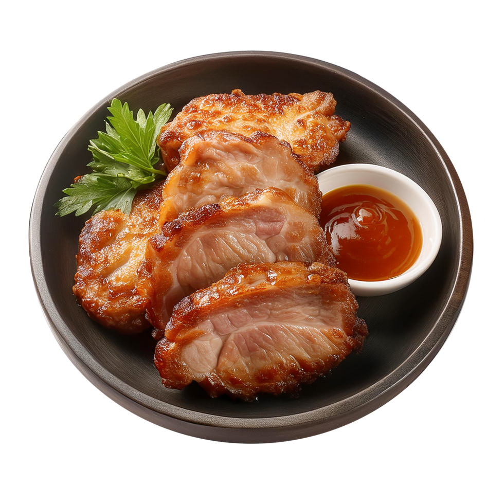 Pork Fried with sauce on a plate transparent background png