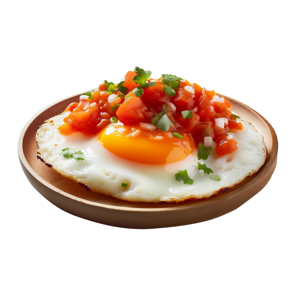 Fried egg on a plate with tomato sauce and herbs png
