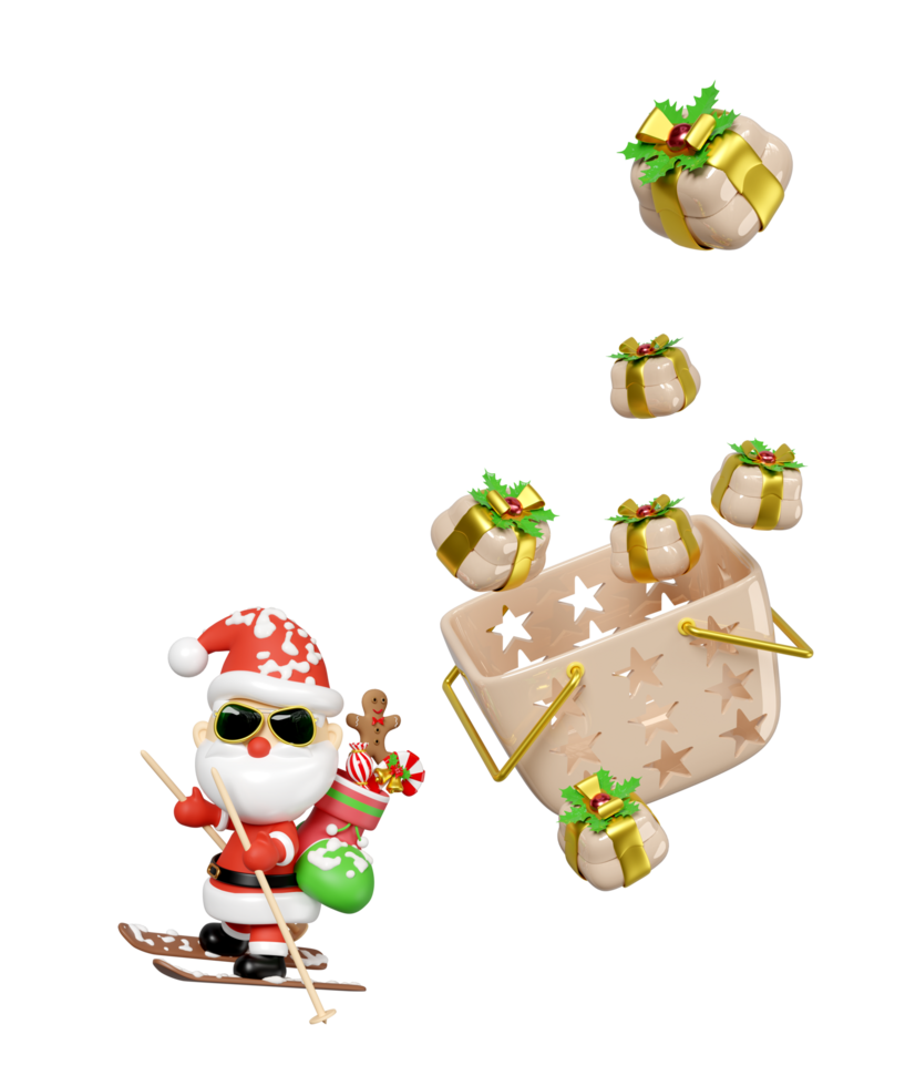 3d Santa Claus sunglasses skiing with socks, basket, gift box isolated. online shopping, merry christmas, festive new year holiday concept, 3d render illustration png
