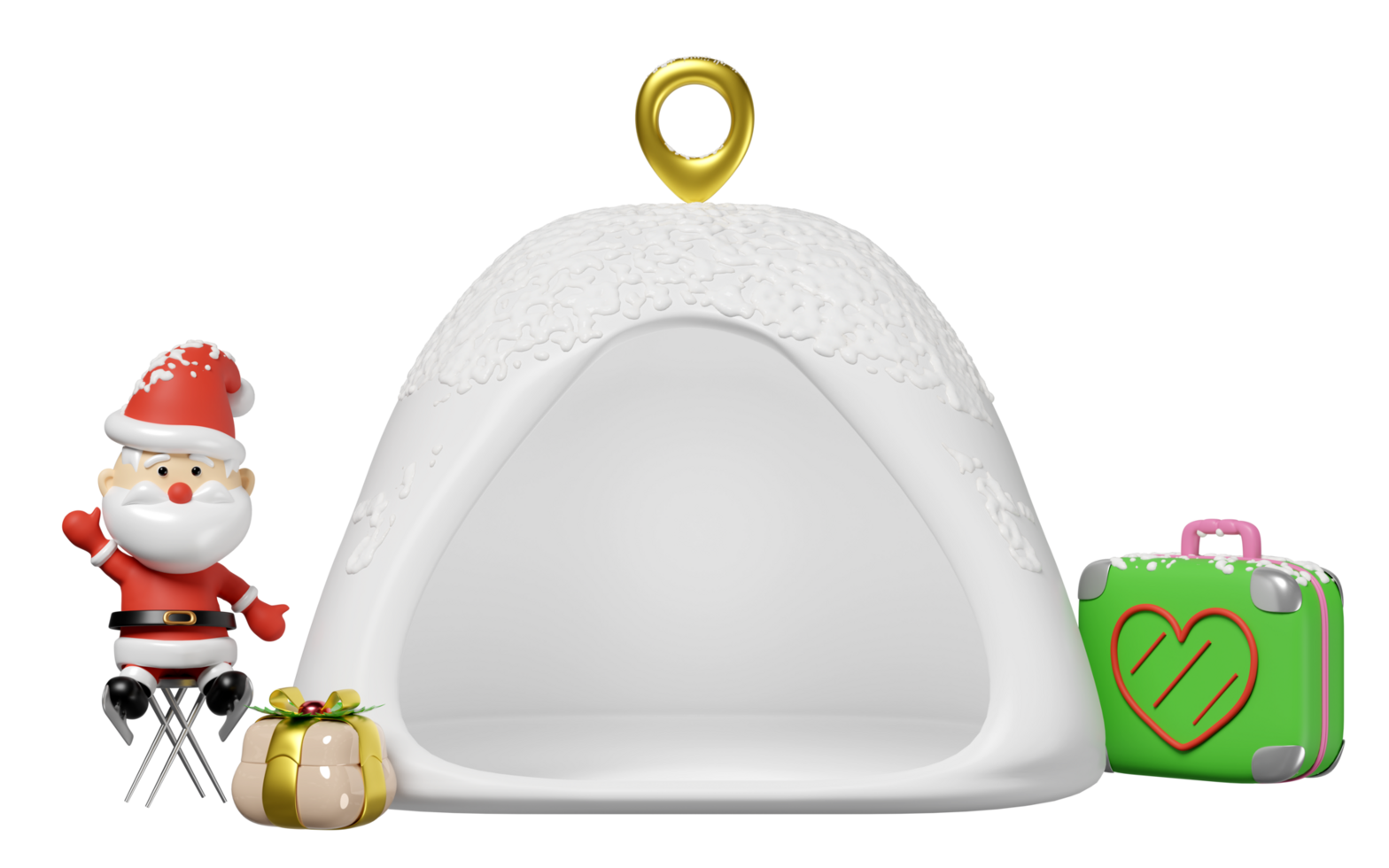 3d tent with santa claus sitting on folding chair, suitcase, pin, gift box isolated. merry christmas and festive new year holiday travel concept, 3d illustration render png
