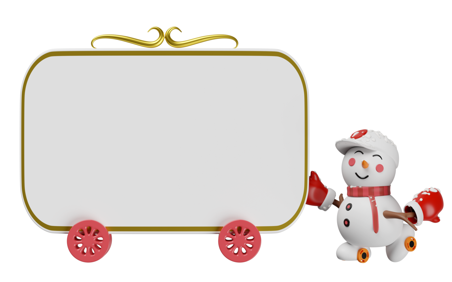 3d snowman in hat and warm mittens roller skating pushing billboards isolated. merry christmas, festive new year concept, 3d render illustration png