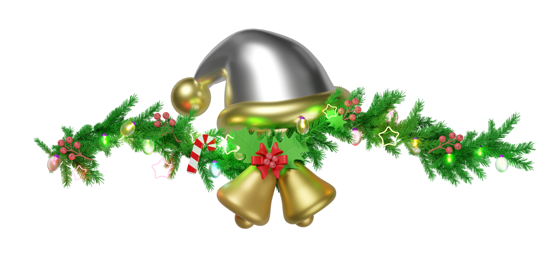 3d Decorated with hat, branches of pine trees, Jingle bell, candy cane, red bow, holly berry leaves, lantern garlands, star isolated. merry christmas, 3d render illustration png