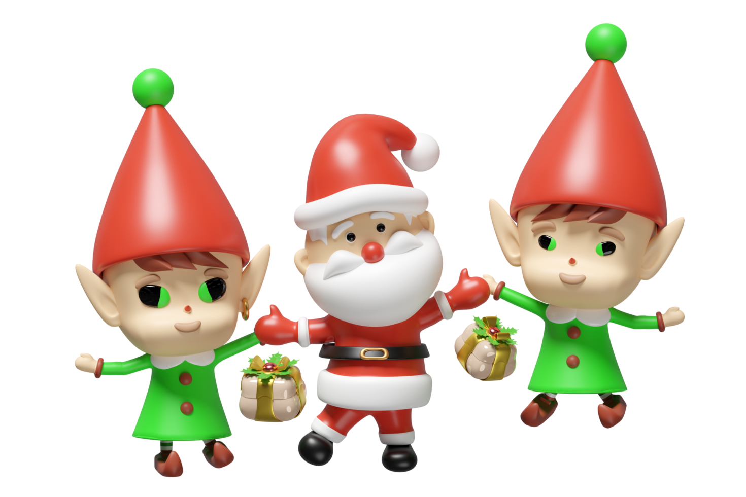 3d two little elves holding hands with santa claus, gift box isolated. merry christmas, festive new year holiday concept, 3d render illustration png