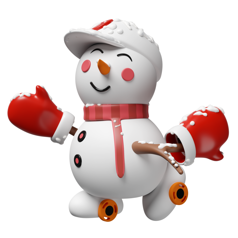 3d snowman in hat and warm mittens roller skating isolated. merry christmas, festive new year concept, 3d render illustration png