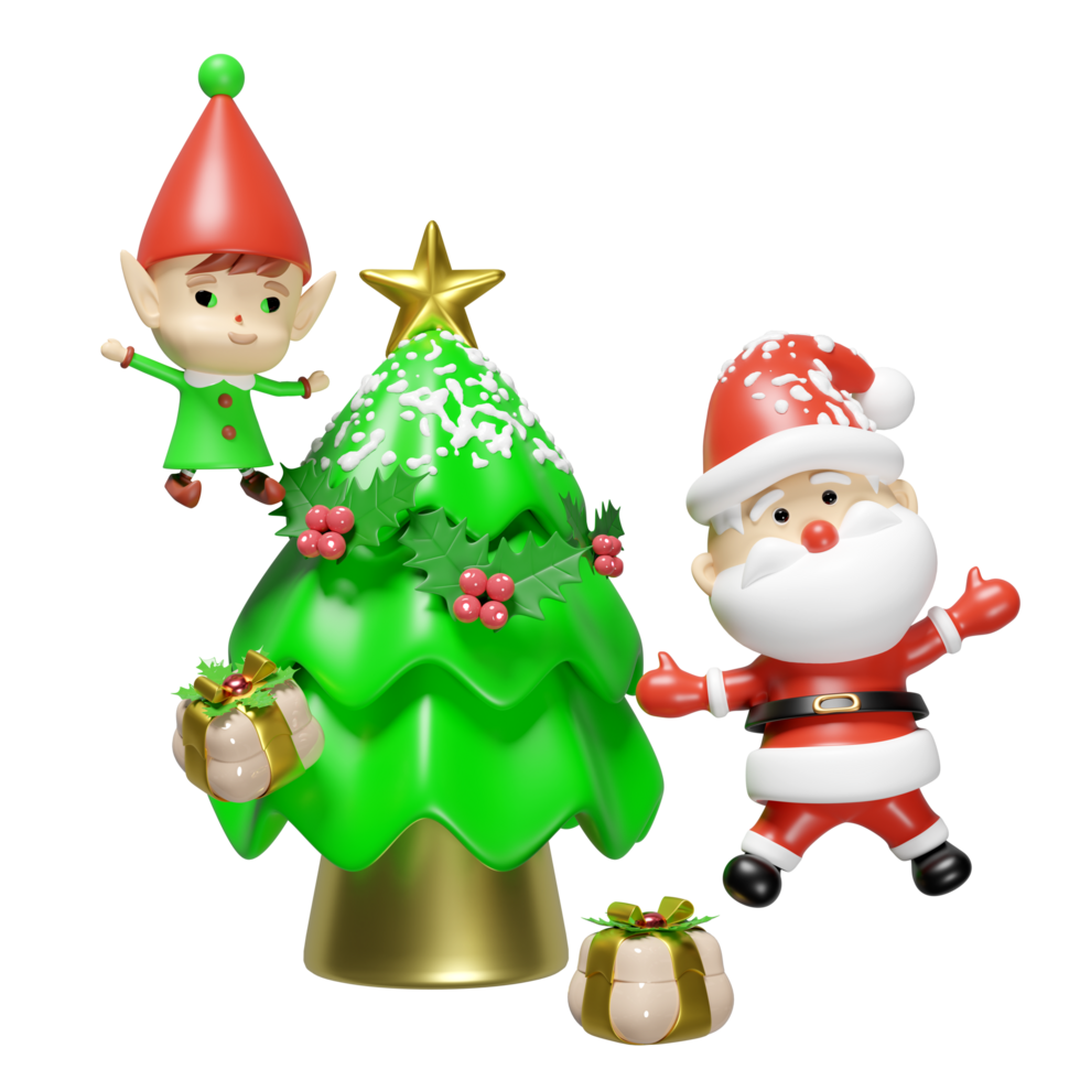 3d santa claus with christmas tree, little elves, gift box isolated. merry christmas, festive new year holiday concept, 3d render illustration png