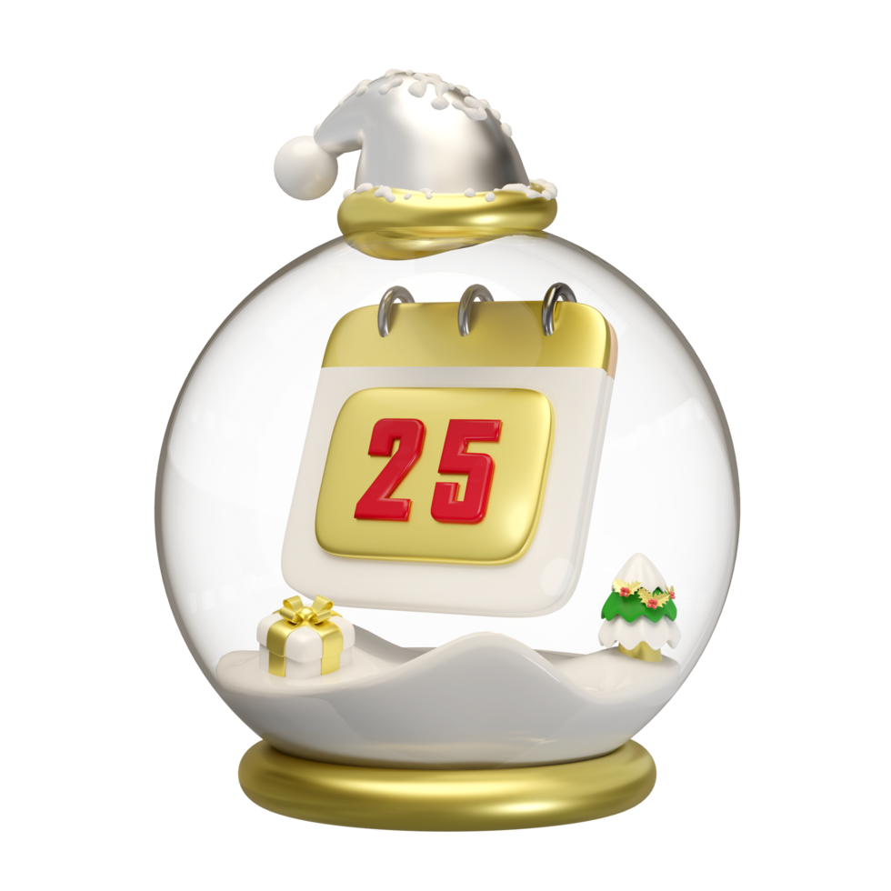 3d calendar on December 25th in snow globe glass transparent with gift box, christmas tree isolated. happiness cards, merry christmas, festive New Year concept, 3d render png