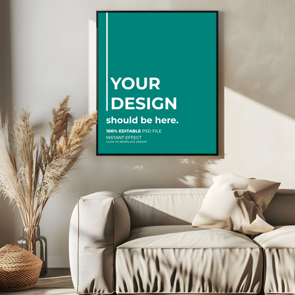Framed Poster Mockup in a Trendy Living Room Setting psd