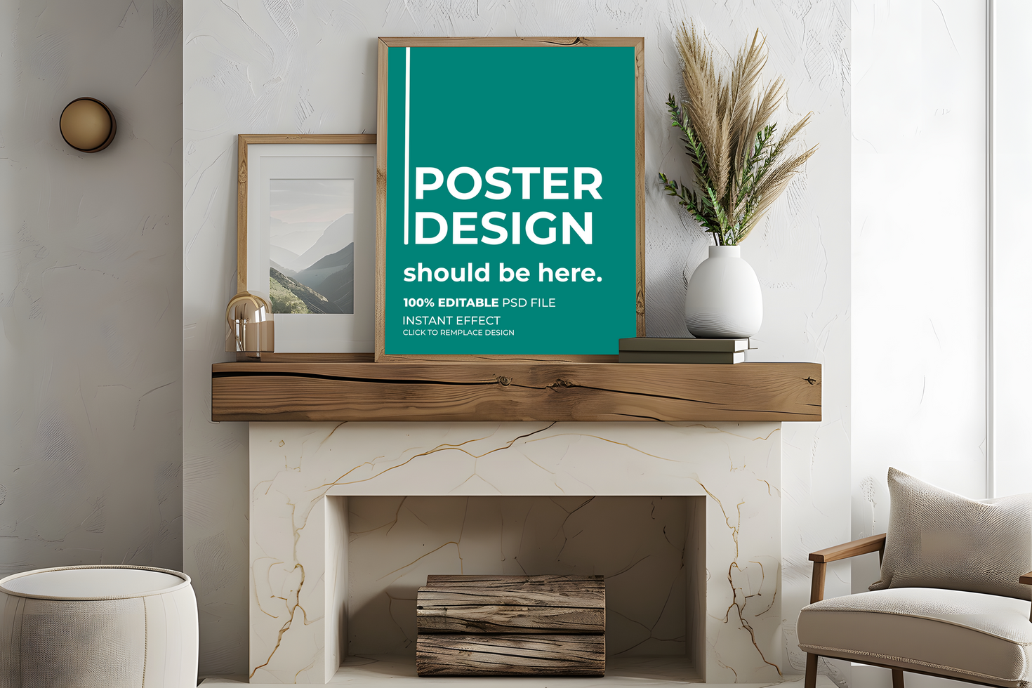 Fireplace Setup Featuring a Poster Mockup psd