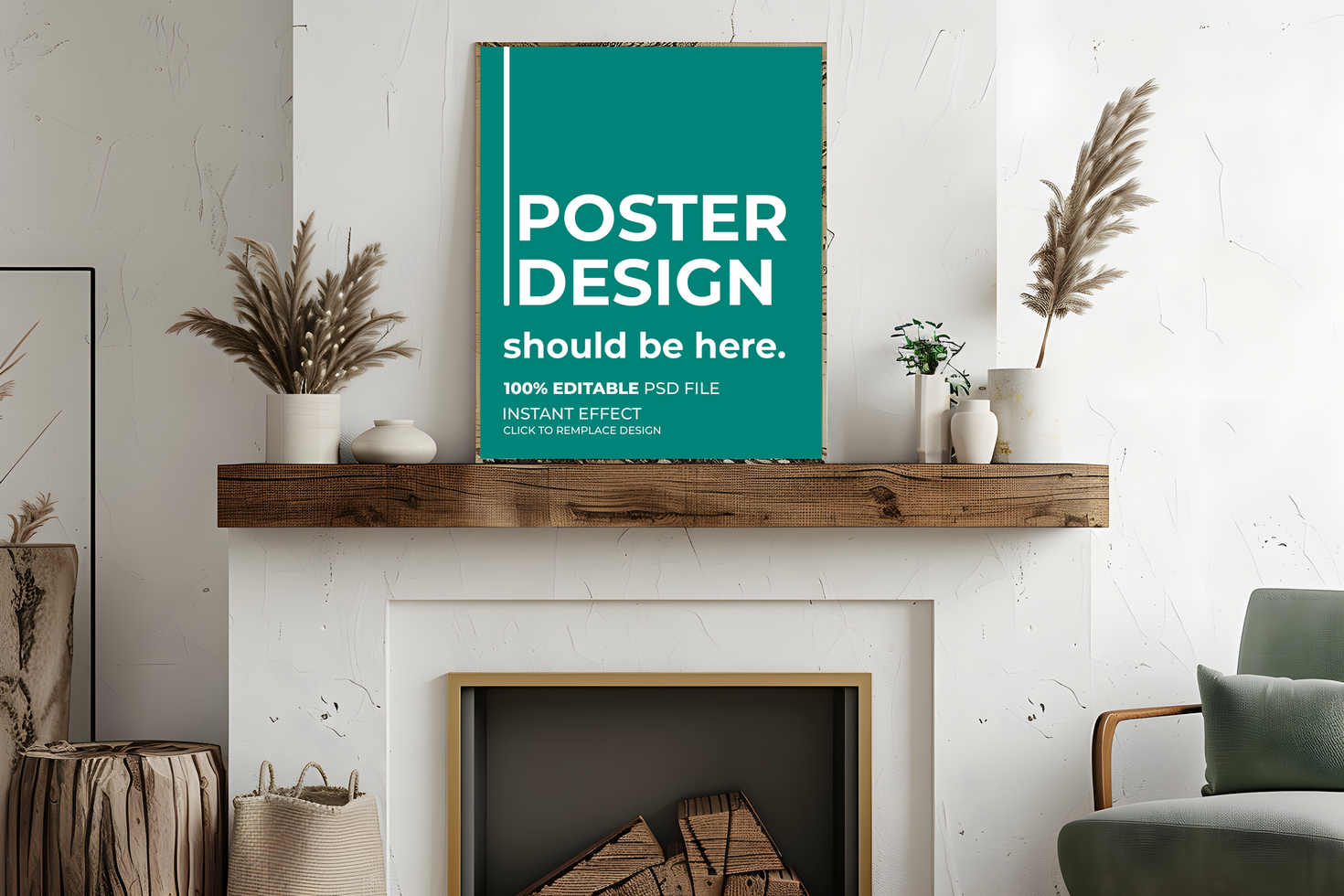 Poster Mockup Above a Stylish Fireplace psd