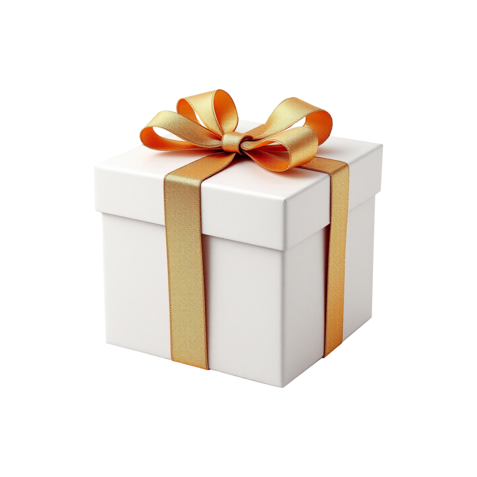 white gift box with golden ribbon on transparent background png