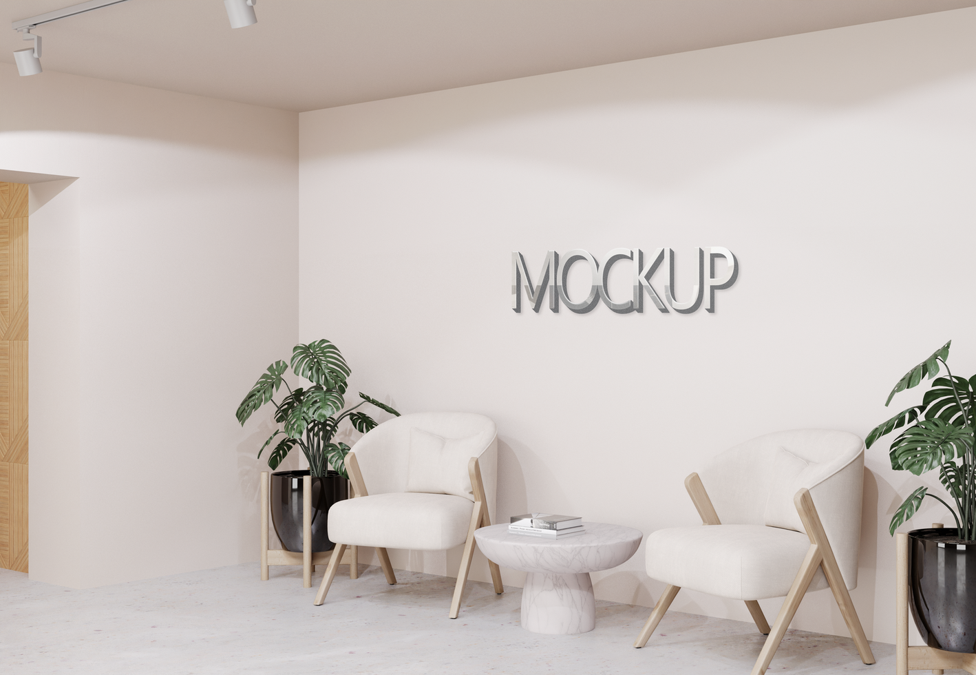 Minimalist Lobby Room 3D Logo Mockup three-quarter view psd