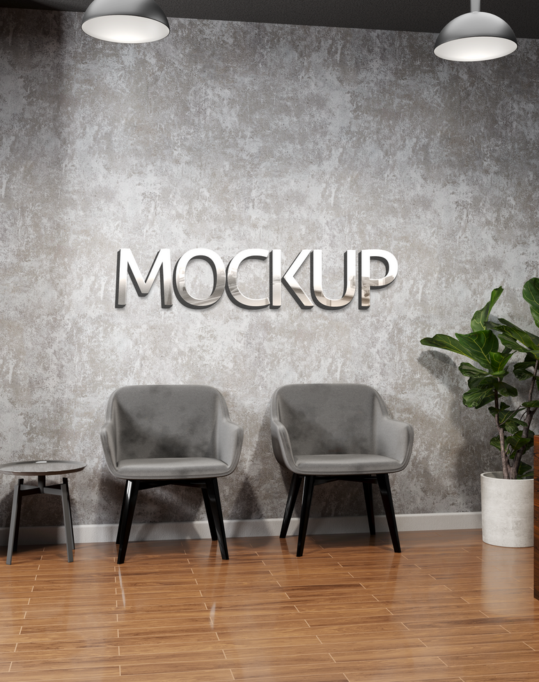 Minimalist Lobby Waiting Room 3D Logo Mockup close range view psd