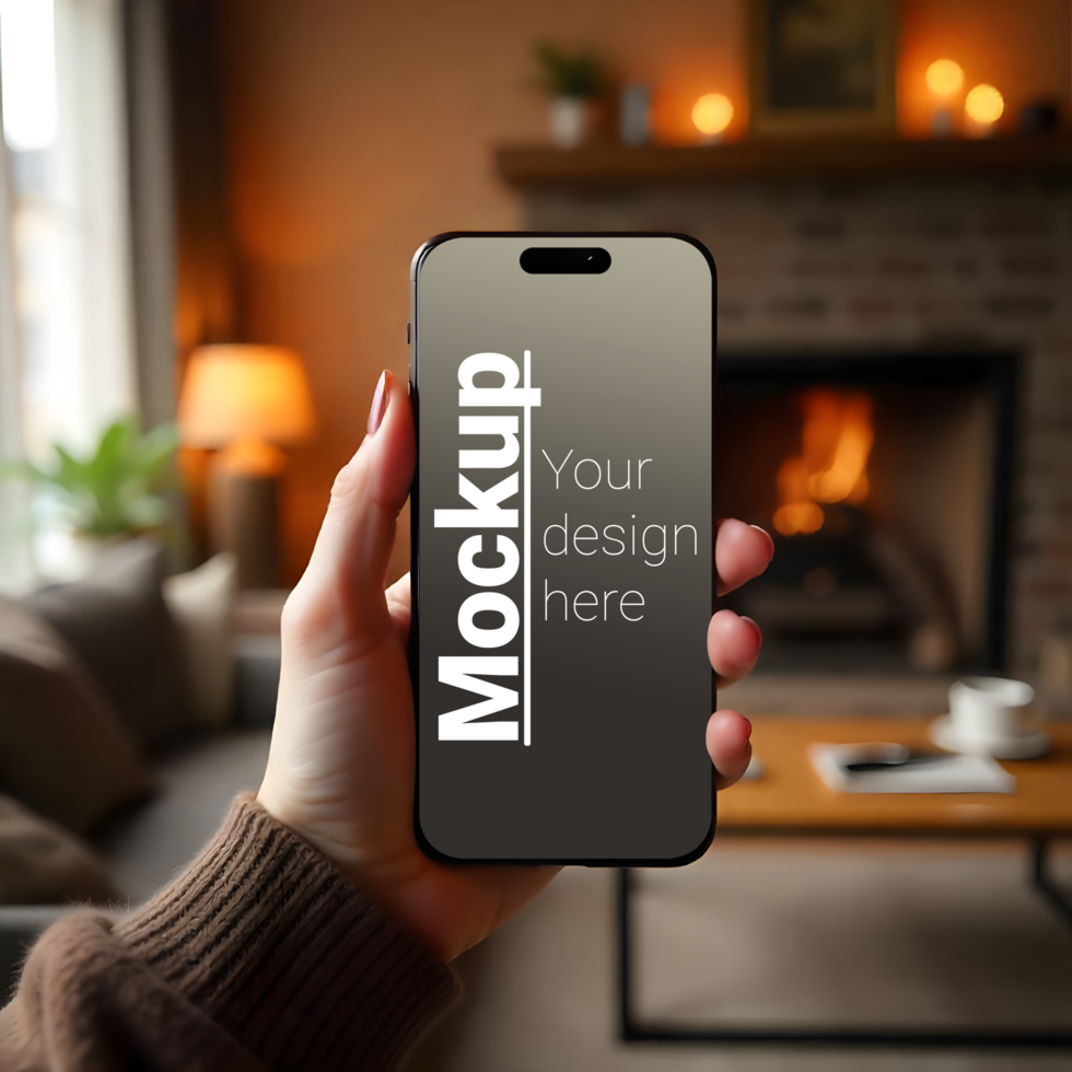 Hand Holding Smartphone Mockup in Cozy Living Room with Fireplace psd