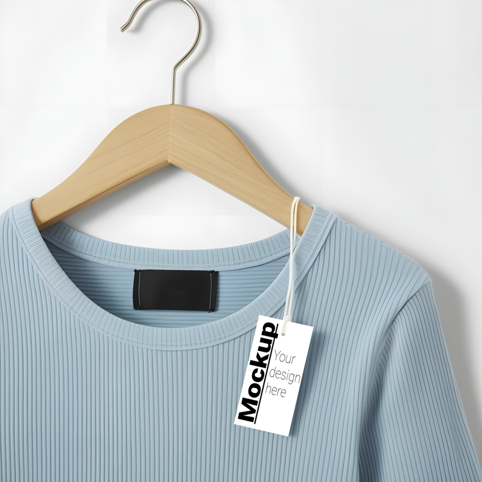 Mockup of a clothing tag on a light blue ribbed sweatshirt psd
