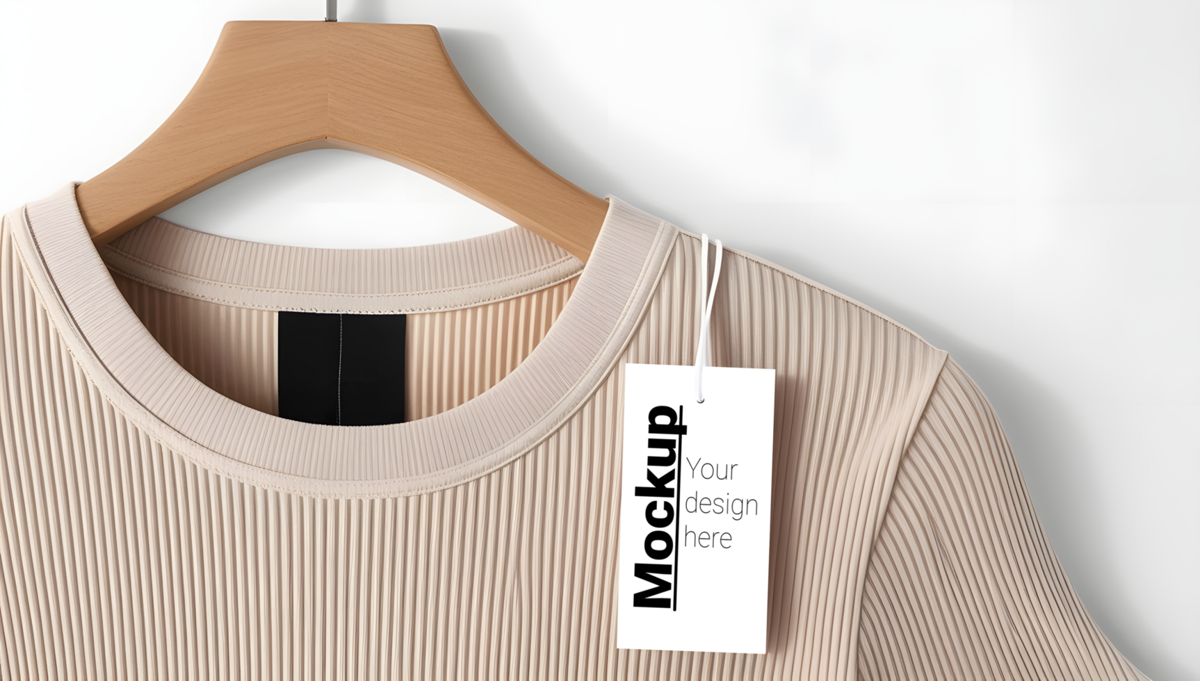 Mockup of a clothing tag on a beige ribbed sweatshirt psd