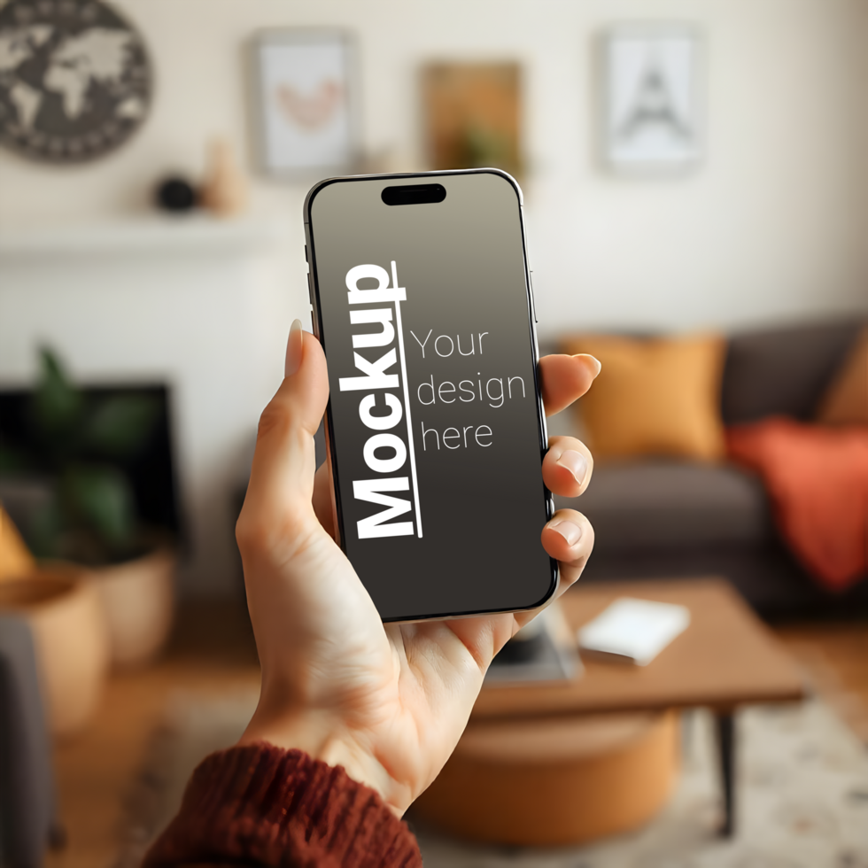 Phone in Hand Mockup with Soft Blurry Cozy Room Setting psd