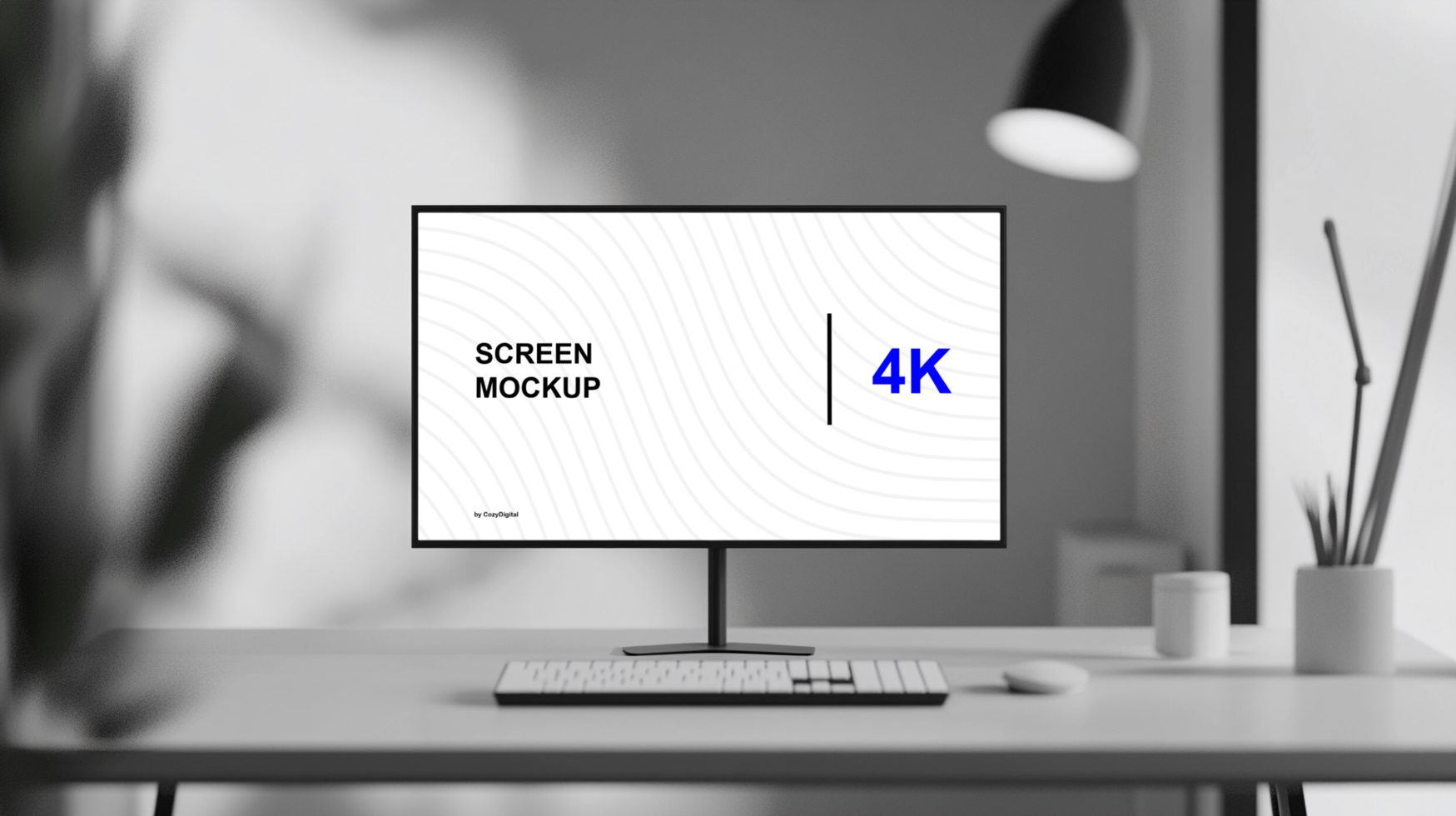 Front view screen mockup on the table Keyboard and mouse nearby psd