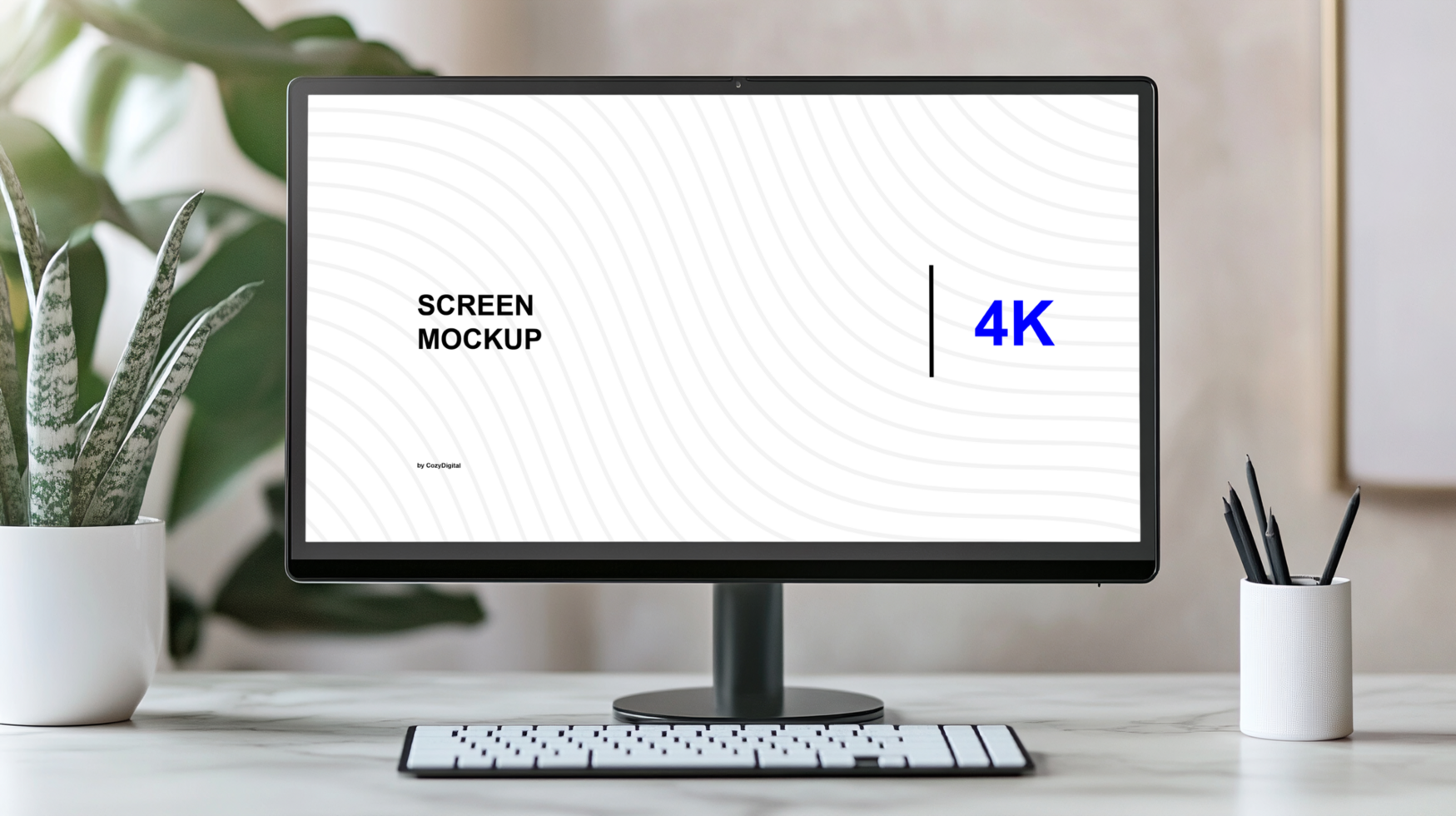 Front view screen mockup on the table Keyboard nearby psd