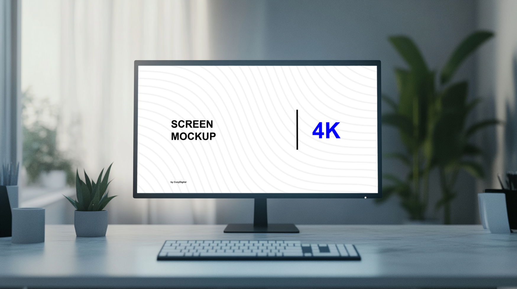 Front View Screen Mockup on Table with Keyboard Nearby psd
