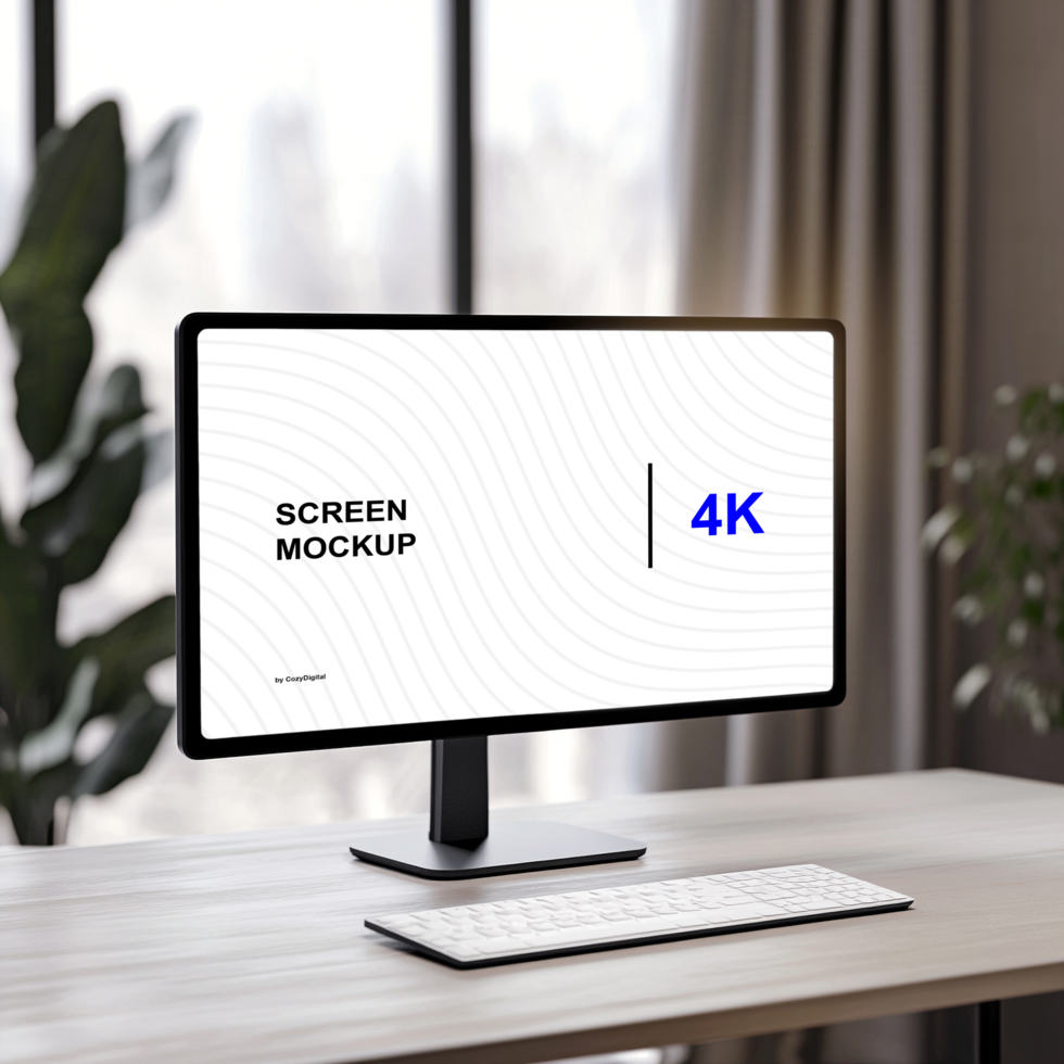 Desktop Screen Mockup with Keyboard Nearby on Table psd