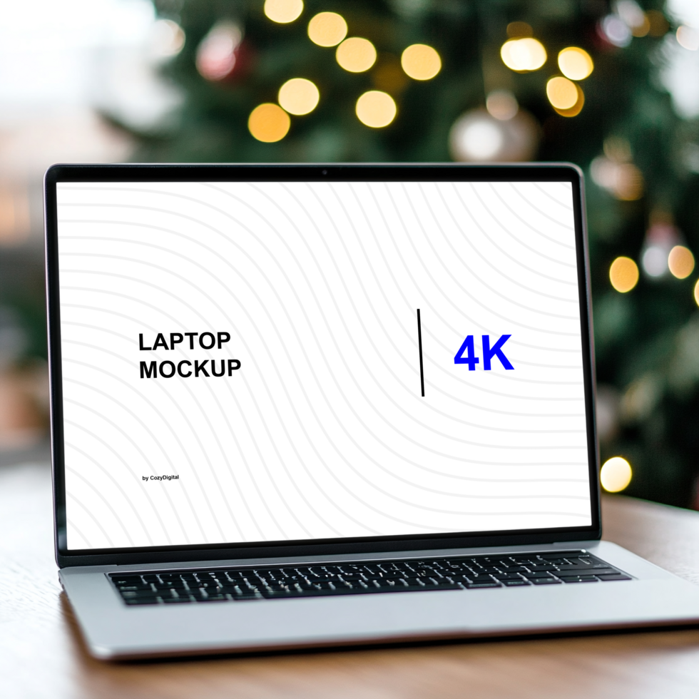 Front View Laptop Mockup on Table with Christmas Tree psd
