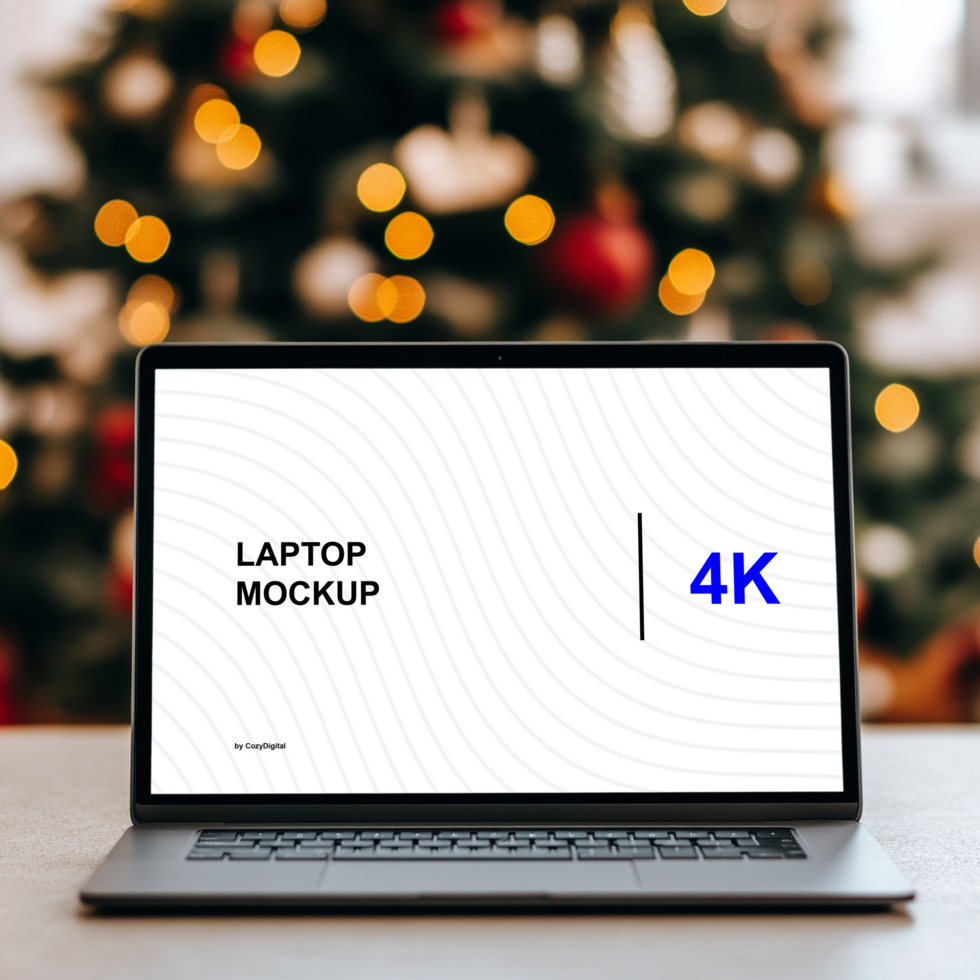 Mockup of laptop on the table. Front screen view. Christmas tree on background psd