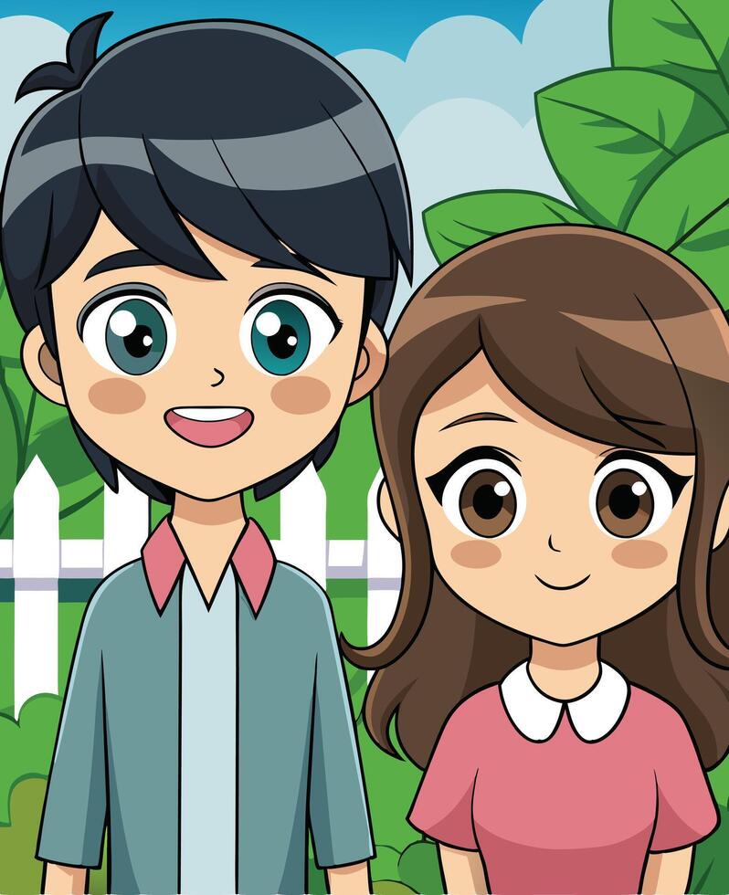 Anime Young lovers couple avatars characters vector