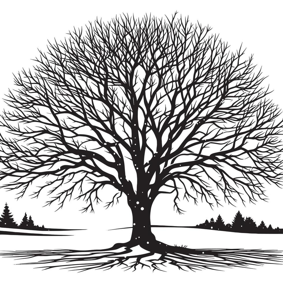 Artistic Bare Winter Tree Silhouette on White vector