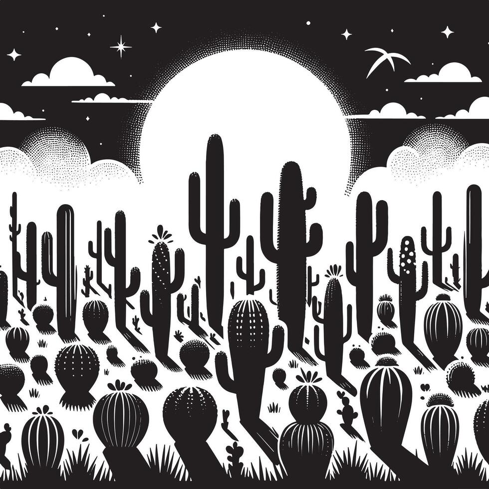 Flat Black Silhouette of a Cactus Field on White Background vector