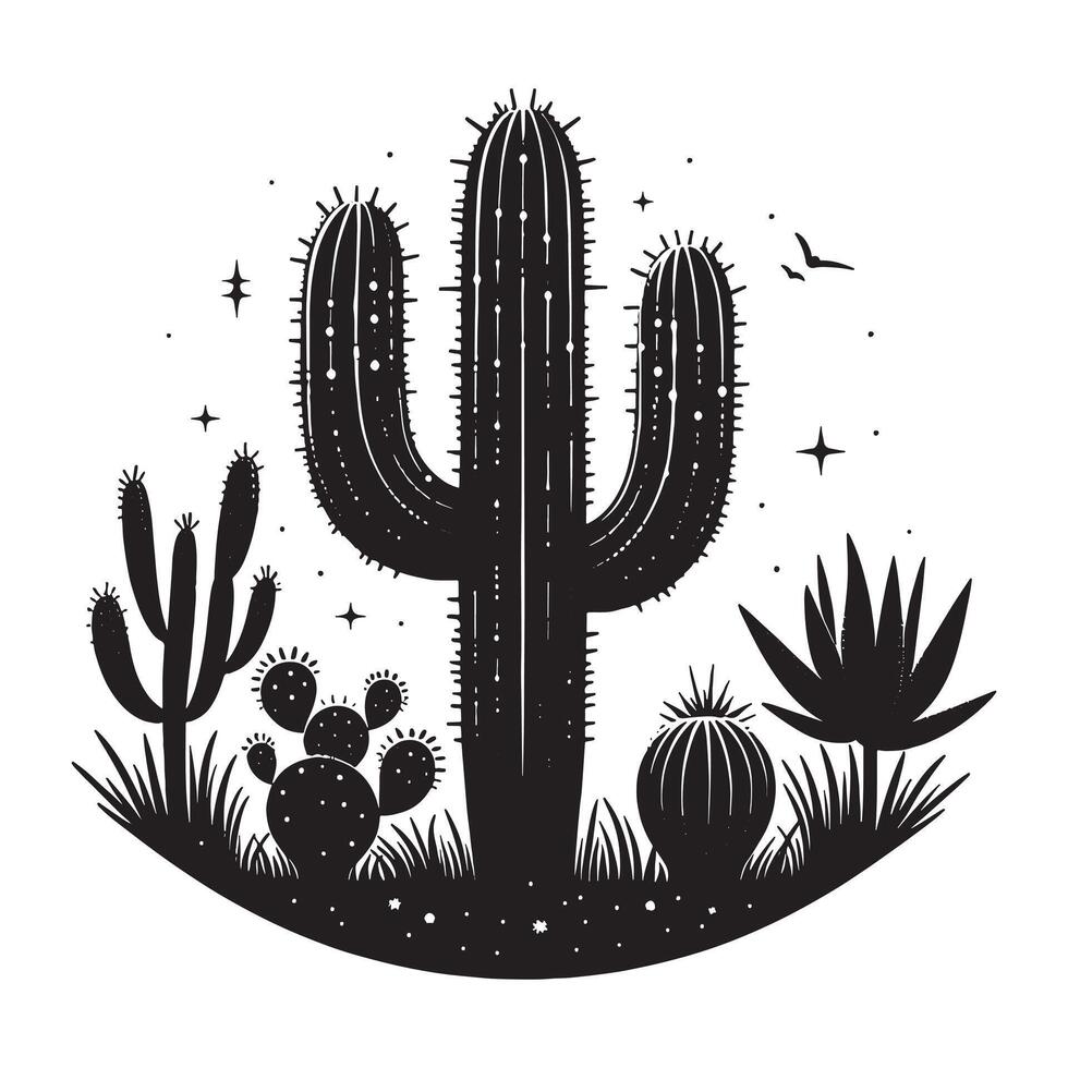 Cactus Black Silhouette on White Background vector