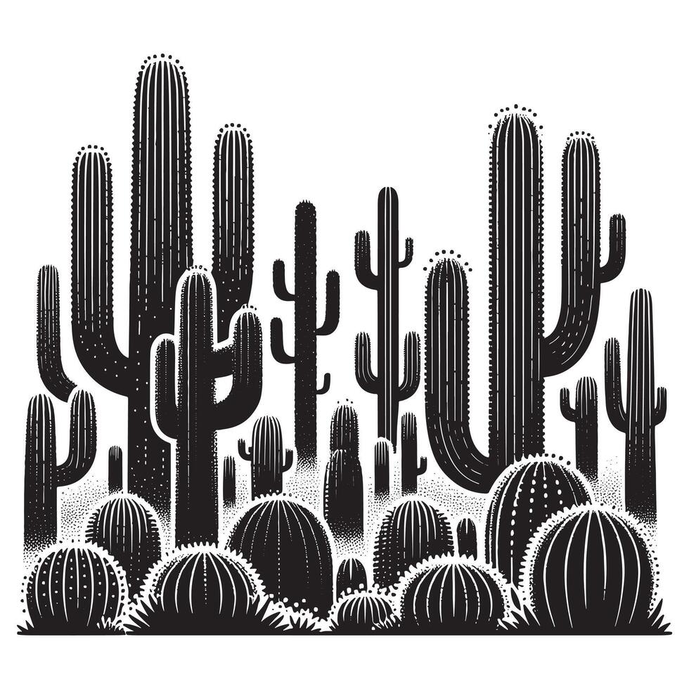 Flat Minimalist Cactus Field Silhouette on White Background vector