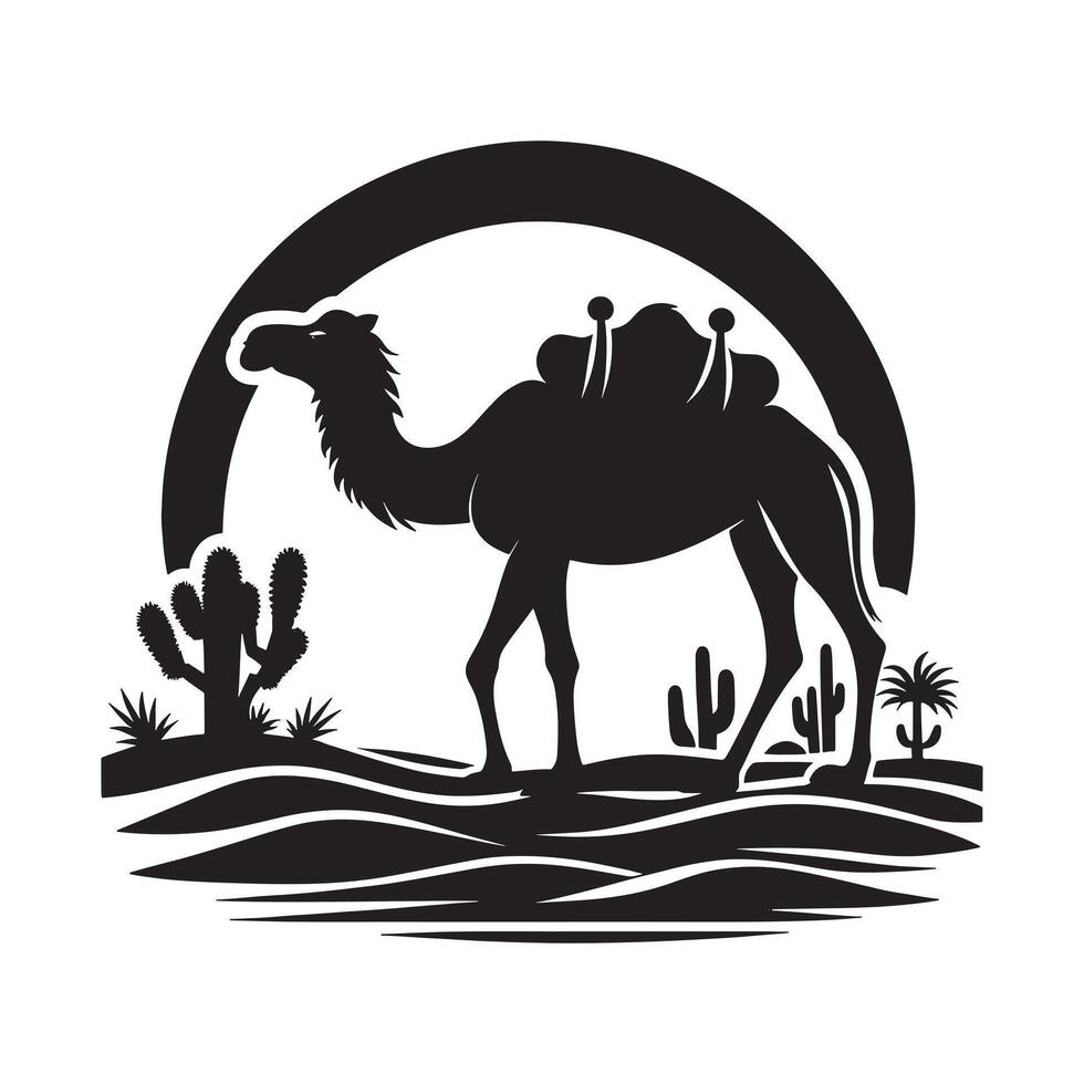 Camel in Desert Black Silhouette on White Background vector